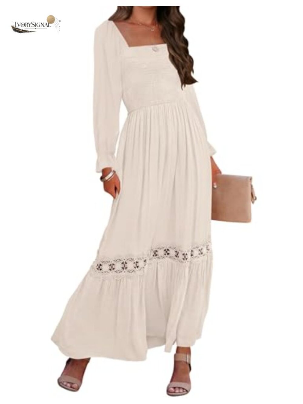 Boho Long Sleeve Maxi Dress Smocked Lace Trim Square Neck Backless